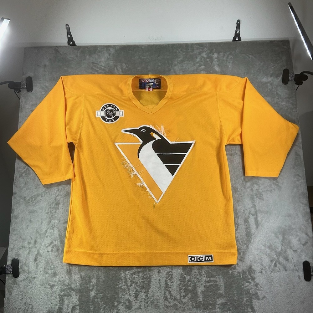 Vintage Pittsburgh Penguins Jersey Mens XL Gold NHL Hockey Party Zone CCM 90s